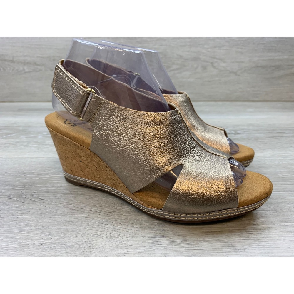 Clarks Collection Metallic Leather Cork Wedge Sandals Champagne Women's 7.5